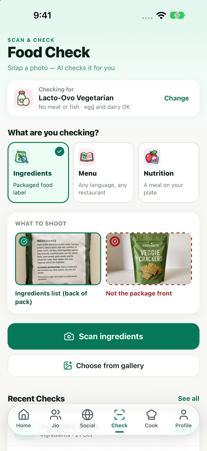 VegeBuddy Food Check 页面：选择成分、菜单或营养扫描